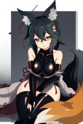 1girls ai_generated animal_ear_fluff animal_ears bangs bare_shoulders bedroom_eyes black_legwear black_tail black_thighhighs curvy_thighs detached_sleeves female female fox_girl hair_between_eyes hair_ornament hairclip japanese_clothes large_breasts large_tail looking_at_viewer orange_eyes orange_tail senkiri short_hair solo tail thighhighs thighs