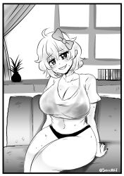 black_and_white bow couch couch_sitting doki_doki_literature_club just_sayori looking_at_viewer messy_hair monochrome no_pants panties pantsless sayori_(doki_doki_literature_club) seireiart shirt sit sitting smile smiling sweat tagme thighs