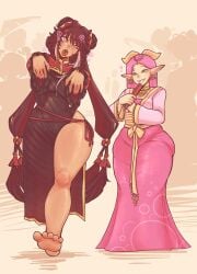 2girls alternate_version_at_source alternate_version_available amused arms_forward bare_legs bare_thighs barefoot big_thighs bitepilled black_dress black_hair character_in_background characters_in_the_background chinese_clothes chinese_female comission dress drool drooling elf_ears exposed_hips exposed_leg exposed_thigh feet female female_focus female_only gold_earrings gold_jewelry green_eyes hairbun hairbuns hips hips_wider_than_shoulders huge_thighs hypnosis hypnosis_eyes hypnosis_fetish hypnotized_female hypnotized_walking jia_xichun_(limbus_company) limbus_company long_ears long_hair long_hair_female oc one_eye_half-closed open_mouth original_character pale-skinned_female pale_skin pink_dress pink_eyes pink_hair pleased_expression ponytail ponytails project_moon red_nails red_topwear sharp_ears smile smiling straight_hair swirls swirly_eyes thick_thighs tight_clothes tight_clothing tight_dress tongue tongue_out two-tone_hair white_skinned_female white_streaks wide_hips