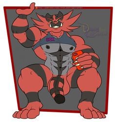 1boy 4_toes abs anthro balls belly bottomless claws clothing darius_leodragon fangs feet feline flaccid furry green_eyes humanoid_penis incineroar large_balls large_penis looking_at_viewer male male_only muscular muscular_male navel nintendo nipples original_character patreon penis pokémon_(species) pokemon pokemon_sm shirt smile solo tank_top teeth text url veins video_games white_border yellow_sclera