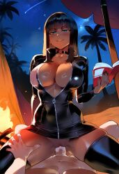 1boy 1girls ai_generated black_dress black_jacket cleavage cowgirl_position cum_inside dark-skinned_female female jacket large_breasts male nico_robin night one_piece outdoors penis pov pre-timeskip sex solo_focus straddling straight thiccwithaq_(ai_style) thighhighs tittyg-ai vaginal_penetration water_7