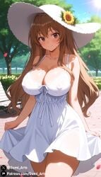 ai_generated aisaka_taiga alternate_body_type brown_eyes brown_hair cleavage covered_nipples gumi_arts lace large_breasts looking_at_viewer outdoors park smile stable_diffusion sundress sunhat thick_thighs toradora! white_dress