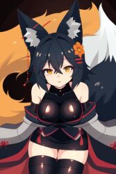 1girls ai_generated animal_ear_fluff animal_ears bangs bare_shoulders bedroom_eyes black_legwear black_tail black_thighhighs cleavage curvy_thighs detached_sleeves eyebrows_visible_through_hair eyes_visible_through_hair female fox_girl hair_between_eyes hair_ornament hairclip japanese_clothes large_breasts large_tail looking_at_viewer orange_eyes orange_tail senkiri short_hair solo tail thighhighs thighs