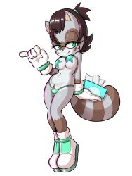 alpha_channel anthro boots brown_hair clothing fan_character female footwear fours_(artist) freckles fur gloves green_eyes grey_body grey_fur hair handwear hi_res holding_object lurk_the_raccoon mammal pasties ponytail procyonid raccoon sega solo sonic_(series) sonic_the_hedgehog_(series) tissue_box