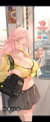 bag belly_button blush blush blushing_at_viewer cellphone cleavage closed_eyes game_cg hi_res highres how_to_raise_a_harem huge_breasts large_breasts long_hair mature mature_female messy_hair midriff no_bra official_art open_mouth pink_eyes pink_hair screenshot shirt skirt smile smiling smiling_at_viewer train watch wavy_hair yamahana_yuki_(how_to_raise_a_harem)