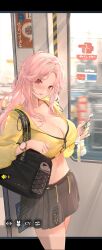 bag belly_button blush blush blushing_at_viewer cellphone cleavage game_cg hi_res highres how_to_raise_a_harem huge_breasts large_breasts long_hair looking_at_viewer mature mature_female messy_hair midriff no_bra official_art open_mouth pink_eyes pink_hair screenshot shirt skirt train watch wavy_hair yamahana_yuki_(how_to_raise_a_harem)