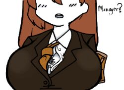 1boy 1girls bigger_female blush breasts brown_hair cleavage female hod_(lobotomy_corporation) large_breasts lobotomy_corporation long_hair macro micro project_moon size_difference suit unknown_artist x_(lobotomy_corporation)