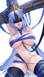 1girls absurdres alsace_(azur_lane) areola_slip arm_up armpits azur_lane between_breasts black_gloves black_thighhighs blue_eyes blue_hair blue_ribbon blush breast_strap breasts censored_nipples collarbone convenient_censoring cross cum cum_in_mouth cum_on_body cum_on_breasts cumdrip detached_collar e.c.ho female flying_sweatdrops gloves headgear highres iris_libre_(azur_lane) large_breasts light-skinned_female light_skin long_hair looking_at_viewer naked_ribbon navel no_mask nose_blush nude open_mouth parted_bangs restrained ribbon sidelocks simple_background sitting skindentation solo strap_between_breasts sweat tears thighhighs tongue tongue_out variant_set very_long_hair wavy_mouth white_background