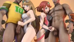 big_breasts bikini blonde_hair blonde_hair cock_hungry dark-skinned_male dark_penis dark_skin ehart grabbing_penis group handjob hypnosis interracial masturbation muscular_male mythra naked ntr pyra red_hair surprised swimsuit thick_hips thick_legs thick_thighs xenoblade_(series) xenoblade_chronicles_2