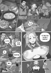 black_and_white bluecandy breasts_out comic dungeon_meshi korean_text marcille_donato tagme translation_request