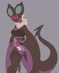 anthro biped black_body blush closed_eyes clothing female fur generation_6_pokemon genitals hi_res lazybracket nintendo noivern pokemon pokemon_(species) purple_body purple_fur pussy solo tail