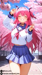 ai_generated angel_beats! blush cherry_blossoms closed_eyes collar double_v grin gumi_arts large_breasts long_hair outdoors peace_sign pink_eyes pink_hair school_uniform skirt solo stable_diffusion thick_thighs two_side_up yui_(angel_beats!)