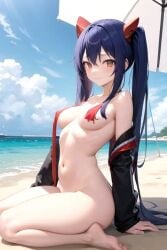 1girls ai_generated beach blush breasts fairy_tail feet female female_only long_hair looking_at_viewer naked sitting solo stomach wendy_marvell