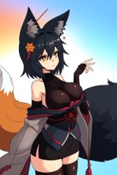 1girls ai_generated animal_ear_fluff animal_ears arm_sleeves bangs bare_shoulders black_armwear black_gloves black_legwear black_sleeves black_tail black_thighhighs curvy_thighs detached_sleeves female fox_girl hair_between_eyes hair_ornament hairclip japanese_clothes large_breasts large_tail orange_eyes orange_tail senkiri short_hair solo tail thighhighs thighs