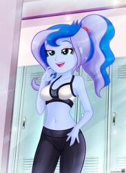 2022 alternate_hairstyle aqua_eyes artist_logo artist_name artist_signature belly black_leggings blue_body blue_hair blue_skin bra charliexe equestria_girls female gym_uniform hairband hasbro leggings locker_room midriff my_little_pony navel open_mouth ponytail red_hairband slim_waist solo solo_female sports_bra vice_principal_luna white_bra