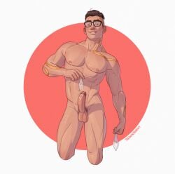 balls bara big_balls big_penis blush chamber_(valorant) condom cum erection glasses looking_at_viewer male male_nipples male_only male_pubic_hair muscular_male nipples nude penis riot_games thedamnthinguy valorant