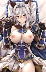 animal_ears armor armored_dress bangs belt black_gloves blush braid breasts breasts_out brown_eyes cape censored cleavage dakimakura diadem dress elbow_gloves erun_(granblue_fantasy) female gloves granblue_fantasy hair_between_eyes hair_tubes heart heart_censor heles hips large_breasts long_hair nipples parted_lips pauldrons pillow sidelocks silver_hair single_braid single_pauldron skirt_aside thighs tony_guisado vambraces waist white_dress