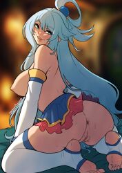 anus aqua_(konosuba) ass ass_focus balls blue_eyes blue_hair blush cleavage cum_on_balls female_only footwear goddess hair_between_eyes kinkymation kono_subarashii_sekai_ni_shukufuku_wo! large_ass large_breasts long_hair long_sleeves miniskirt nipples open_mouth ponytail pussy skirt_lift sleeves_past_elbows solo_focus spread_legs sweat thick_thighs thighhighs uncensored white_legwear white_stockings wide_hips