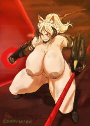 1girls alt big_breasts blue_eye breasts cat_ears choker completely_nude completely_nude_female enormous_breasts female female_only gauntlets giant_breasts gigantic_breasts heterochromia holding_weapon horns huge_breasts huge_thighs hxveuseenmypen large_breasts massive_breasts naked naked_female red_eye scars simple_background squatting tattoo thick_thighs thighs thunder_thighs voluptuous voluptuous_female white_hair