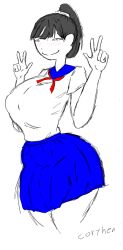 1futa big_breasts big_hips big_penis breasts clothed clothing coryhen_(artist) erection fully_clothed futa_only futanari hourglass_figure human peace_sign penis penis_through_clothing ponytail school_uniform schoolgirl solo standing thick_thighs white_background wide_hips