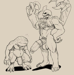 2017 4_arms 4_toes amphibian balls big_balls big_penis capcom daftpatriot duo frog full_length gay hands_on_hips hunter_(resident_evil) hunter_gamma male male_only monster multi_arm multi_limb nipples nude penis resident_evil resident_evil_2 shadow simple_background slightly_chubby standing surprise toes uncut video_games william_birkin