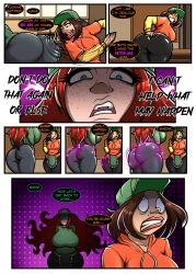 ass_expansion big_ass big_breasts big_lips bimbo bimbofication blue_eyes breast_expansion brown_eyes brown_hair comic comic_page ella_(lenvjax) english_text expansion freckles green jacket lipstick naomi_(lenvjax) orange red_hair sweater text vsoulworks