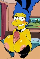 ai_generated animal_ears blue_hair bonezone115 male_focus marge_simpson nipples paizuri penis playboy_bunny the_simpsons