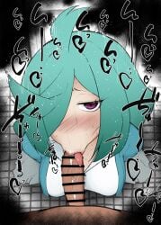 1boy :>= ahoge anemo_nemo bar_censor blue_hair blush breasts censored erection fellatio female green_hair greyscale hair_over_one_eye kurotama large_breasts long_hair looking_at_viewer mahou_shoujo_ni_akogarete monochrome nose_blush oral penis pointless_censoring pov pov_crotch purple_eyes saliva short_hair solo_focus sound_effects straight sweat tile_floor tiles toilet toilet_stall tongue tongue_out