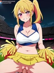 ai_generated anime blonde_hair cheerleader cheerleader_outfit cowgirl_position hoshino_ruby large_breasts oshi_no_ko pink_eyes ranwai sex stable_diffusion vaginal_penetration vaginal_sex