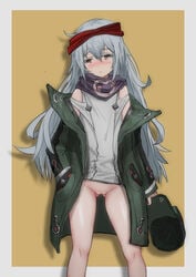 absurdres aegisfate bare_shoulders blush bottomless breasts brown_eyes closed_mouth coat colored_eyelashes embarrassed female g11_(girls_frontline) girls'_frontline green_coat hat hat_removed headband headwear_removed heckler_&_koch highres holding holding_hat jacket legs_apart long_hair long_sleeves open_clothes open_coat open_jacket purple_scarf pussy scarf shirt sleeves_past_wrists small_breasts solo straight_hair uncensored very_long_hair white_shirt