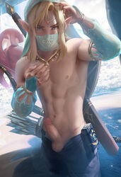 2boys abs absurdres androgynous blonde_hair blue_eyes breath_of_the_wild cute_male erection femboy gerudo_link gerudo_sirwal gerudo_veil girly highres hourglass_figure hylian link looking_at_viewer male male_only penis pointy_ears sakimichan sheikah_slate sidon_(zelda) the_legend_of_zelda trap uncensored