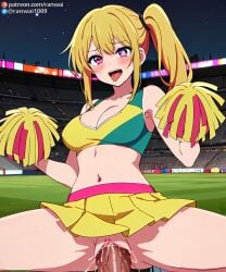 ai_generated anime blonde_hair cheerleader cheerleader_outfit cowgirl_position hoshino_ruby large_breasts oshi_no_ko pink_eyes ranwai sex stable_diffusion vaginal_penetration vaginal_sex