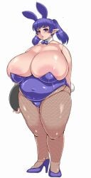 1girls bbw big_breasts blue_hair bunnysuit chubby elf elina_(gunrei13bucho) female fishnets gunrei13bucho high_heels huge_breasts large_breasts lingerie original overweight overweight_female pointy_ears solo twintails waitress