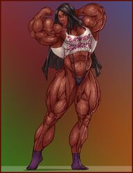 abs arm_behind_head b9tribeca biceps big_muscles black_hair brown_eyes dark-skinned_female dark_skin extreme_muscles female female_only flexing long_hair looking_at_viewer muscles muscular_female navel pecs pose solo thick_thighs thighs veins