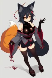 1girls ai_generated animal_ear_fluff animal_ears arm_sleeves bangs bare_shoulders black_armwear black_gloves black_legwear black_sleeves black_tail black_thighhighs curvy_thighs detached_sleeves female fox_girl hair_between_eyes hair_ornament hairclip japanese_clothes large_breasts large_tail looking_at_viewer open_mouth orange_eyes orange_tail senkiri shiny_clothes short_hair skirt solo tail thighhighs thighs