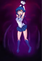 ami_mizuno armpits arms_above_head bishoujo_senshi_sailor_moon blue_eyes blue_hair bondage choker clothing covered_navel earrings femsub high_heel_boots high_heels jewelry open_mouth pre-transformation rick404 sailor_mercury short_hair shrunken_irises skirt small_breasts solo tentacle transformation