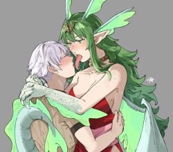 1boy 1girls alternate_hairstyle blush breasts brown_shirt closed_eyes dragon_girl dragon_horns dragon_tail dragon_wings dress female fire_emblem fire_emblem_awakening french_kiss green_eyes grey_background grey_hair hair_ornament highres horns hug kissing long_hair looking_at_another male medium_breasts mole mole_on_breast monster_girl nintendo pointy_ears red_dress ribbed_shirt robin_(fire_emblem) robin_(fire_emblem)_(male) sakuremi saliva saliva_trail scales shirt short_hair short_sleeves signature simple_background straight strapless strapless_dress tail tiki_(adult)_(fire_emblem) tiki_(fire_emblem) tongue tongue_out very_long_hair white_hair wings