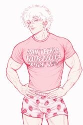 boxers bulge english_text fully_clothed gintama gintoki_sakata half-closed_eyes hands_on_hips looking_at_viewer male male_only monochrome muscular muscular_male pink_theme so_so_seoz solo strawberry_print t-shirt text tight_clothing underwear veiny_muscles