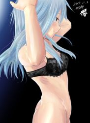 armpit_peek arms_up artist_name ass blue_eyes bra breasts clothes_removed dated female from_side gradient gradient_background hair_between_eyes half-closed_eyes hands_on_own_head hibiki_(kantai_collection) hip_bones hips kantai_collection kazunosuke lace lace_bra lingerie long_hair looking_away ribs sidelocks signature silver_hair small_breasts smile solo stomach underwear water_drop white_hair