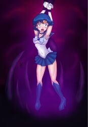 ami_mizuno armpit_hair armpits arms_above_head bishoujo_senshi_sailor_moon blue_hair blush bondage choker clothing corruption covered_navel earrings hair_growth high_heel_boots high_heels jewelry mid-transformation open_mouth rick404 sailor_mercury short_hair shrunken_irises skirt small_breasts solo tentacle transformation