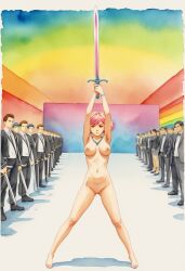 ai_assisted ai_generated business_man business_suit business_woman knight nipples pink_hair pussy rainbow_background raised_sword sword uncensored vagina water_color