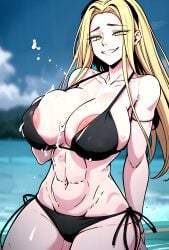 abs ai_generated areola_slip big_breasts bikini black_bikini hero_killer manhwa muscular_female pool smug smug_grin toned_female undersized_clothes victoria_(hero_killer) webtoon