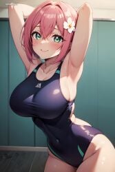 100_kanojo 1female 1girls ai_generated armpits arms_behind_head bangs big_breasts breasts commentary_request english_commentary female female_only flower flower_in_hair hanazono_hakari hi_res highres indoors kimi_no_koto_ga_dai_dai_dai_dai_daisuki_na_100-nin_no_kanojo light-skinned_female light_skin short_hair short_hair_female solo solo_female sportswear swimsuit the_100_girlfriends_who_really_really_really_really_really_love_you very_high_resolution