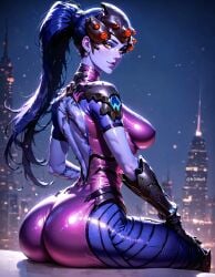 1girls ai_generated ass big_ass bodysuit breasts female female_only fr34ky from_behind large_breasts long_hair overwatch overwatch_2 patreon_username ponytail purple_hair purple_skin solo widowmaker yellow_eyes