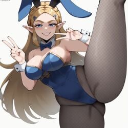 1girls ai_generated big_breasts bimbo blonde_hair blue_leotard bowtie braid bunny_ears bunny_girl bunnysuit double_v dug-lith-pls fishnets hair_clips light-skinned_female long_hair nintendo princess_zelda self_upload the_legend_of_zelda thiccwithaq_(ai_style) thick_thighs v_sign yodayo zelda_(breath_of_the_wild)