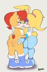 2girls animal_ears anthro anthro_only archie_comics ass black_nose blonde_hair blue_eyes blush breasts breasts_squeezed_together breasts_to_breasts brown_body brown_fur brown_hair brown_skin bubble_ass bubble_butt bunnie_rabbot bunny bunny_ears bunny_girl bunny_tail chipmunk curvy curvy_body curvy_figure cybernetic_arm cybernetic_limb cybernetics eye_contact eyelashes eyeshadow footwear fur furry gloves green_eyes ground_squirrel kissing makeup mammal medium_breasts multicolored_hair naked narrowed_eyes nipples nude pepamintop ponytail rabbit rabbit_ears rabbit_tail red_hair rodent sally_acorn sega short_hair side_ponytail sideboob simple_background sonic_(series) sonic_satam sonic_the_hedgehog_(archie) sonic_the_hedgehog_(comics) sonic_the_hedgehog_(series) tail thick_ass thick_thighs tongue tongue_fucking tongue_kiss two_tone_body two_tone_fur two_tone_hair wildbrain yellow_body yellow_fur yellow_skin yuri