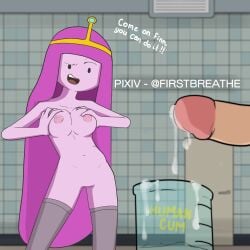 1boy 1girls adventure_time areolae breasts cartoon_network crown cum english_text female female_focus finn_the_human first_breathe legwear male navel nipples nude penis pink_body pink_hair pink_skin princess_bubblegum solo_focus tagme text thighhighs very_long_hair