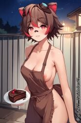 ai_generated bandaid_on_nose brown_hair cake girl goggles_on_head juninholara21 naked_apron nipples outdoors rakkun red_eyes short_hair smile streaked_hair virtual_youtuber vtuber