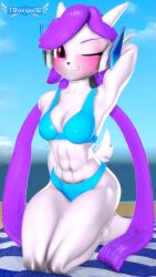 abs anthro aquatic_dragon athletic_female beach bikini dragon earpiece female female_protagonist freedom_planet freedom_planet_2 horns hybrid kneeling long_hair looking_at_viewer purple_eyes purple_hair sash_lilac tail tbwinger92 twintails video_games water_dragon white_body wink