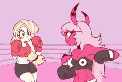 2girls black_boxing_gloves black_gloves blonde_hair boxing boxing_gloves boxing_ring breasts charlie_morningstar_(hazbin_hotel) demon_girl duo female female_focus female_only fighting_ring hazbin_hotel helluva_boss imminent_fight long_hair netto-painter pink_hair red_boxing_gloves red_gloves sports_bra sports_shorts succubus verosika_mayday_(helluva_boss)